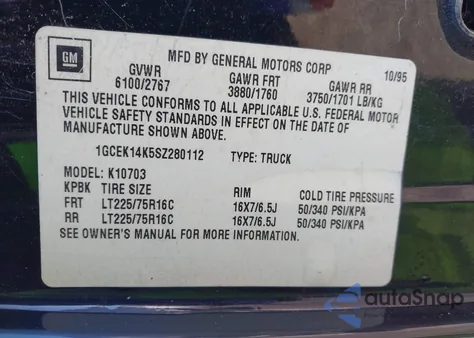 1995 Chevrolet Gmt-400 K1500 из США, поврежденный, VIN 1GCEK14K5SZ280112